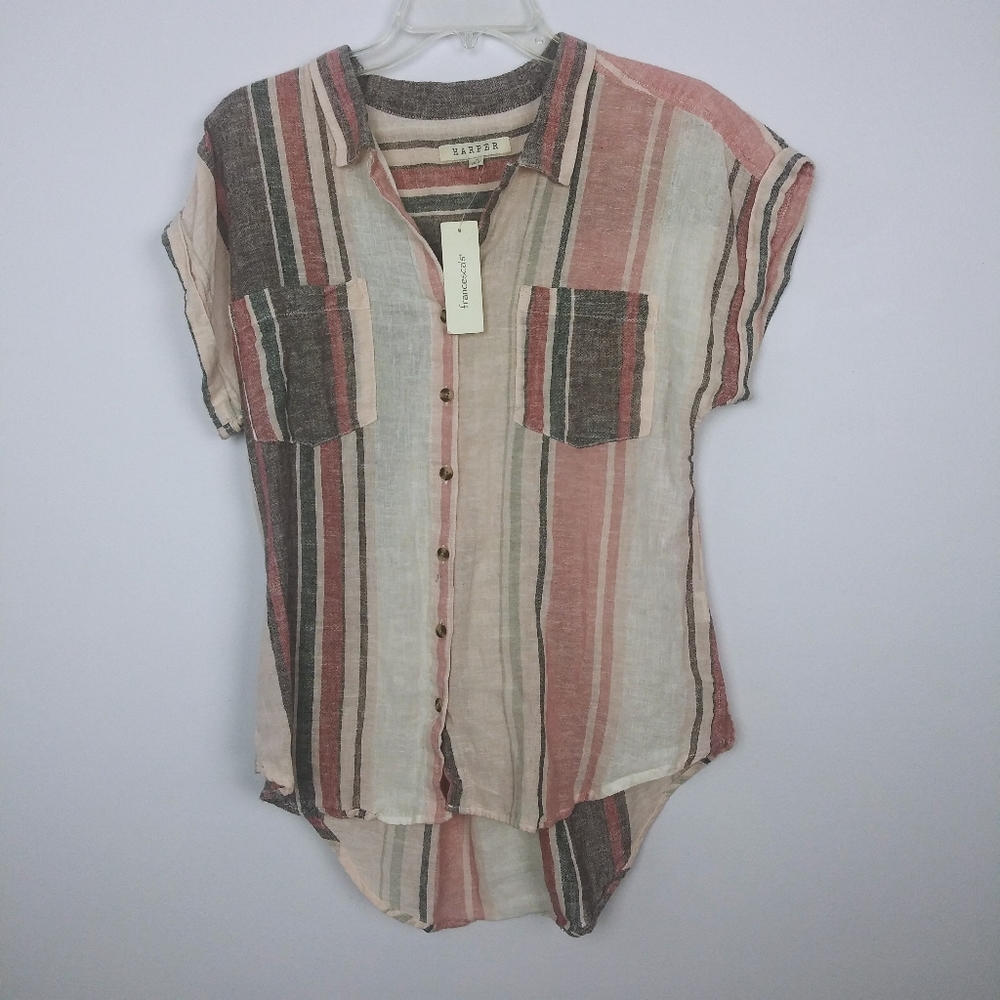 Harper Striped Button-Front Short Sleeve Shirt in Pink, Cream & Gray